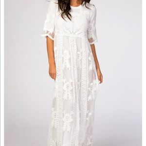 Pink Blush Maternity White Crochet Overlay Maternity Maxi Dress